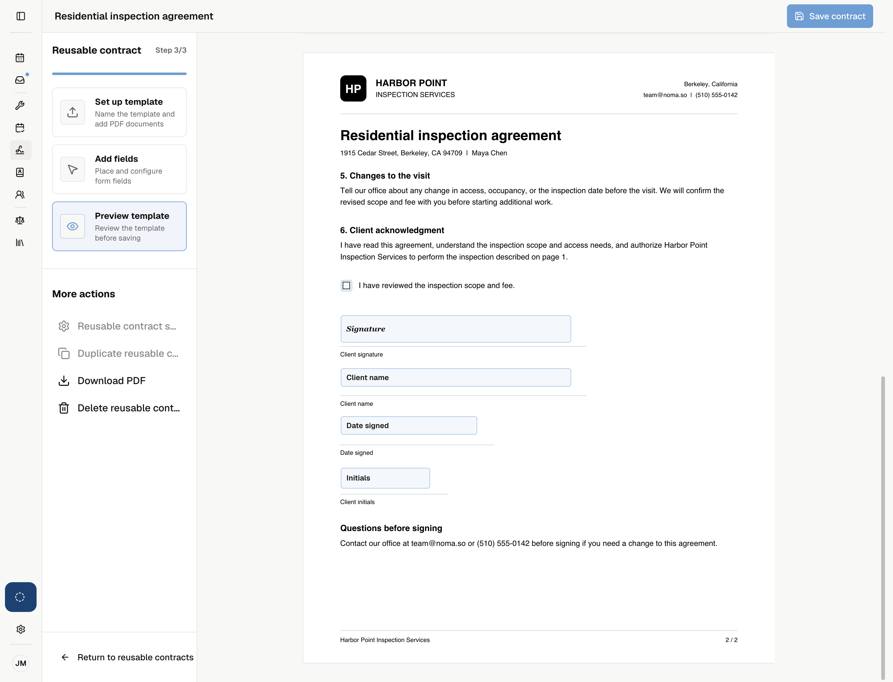 Preview of the agreement with fields beside the client signature spaces.