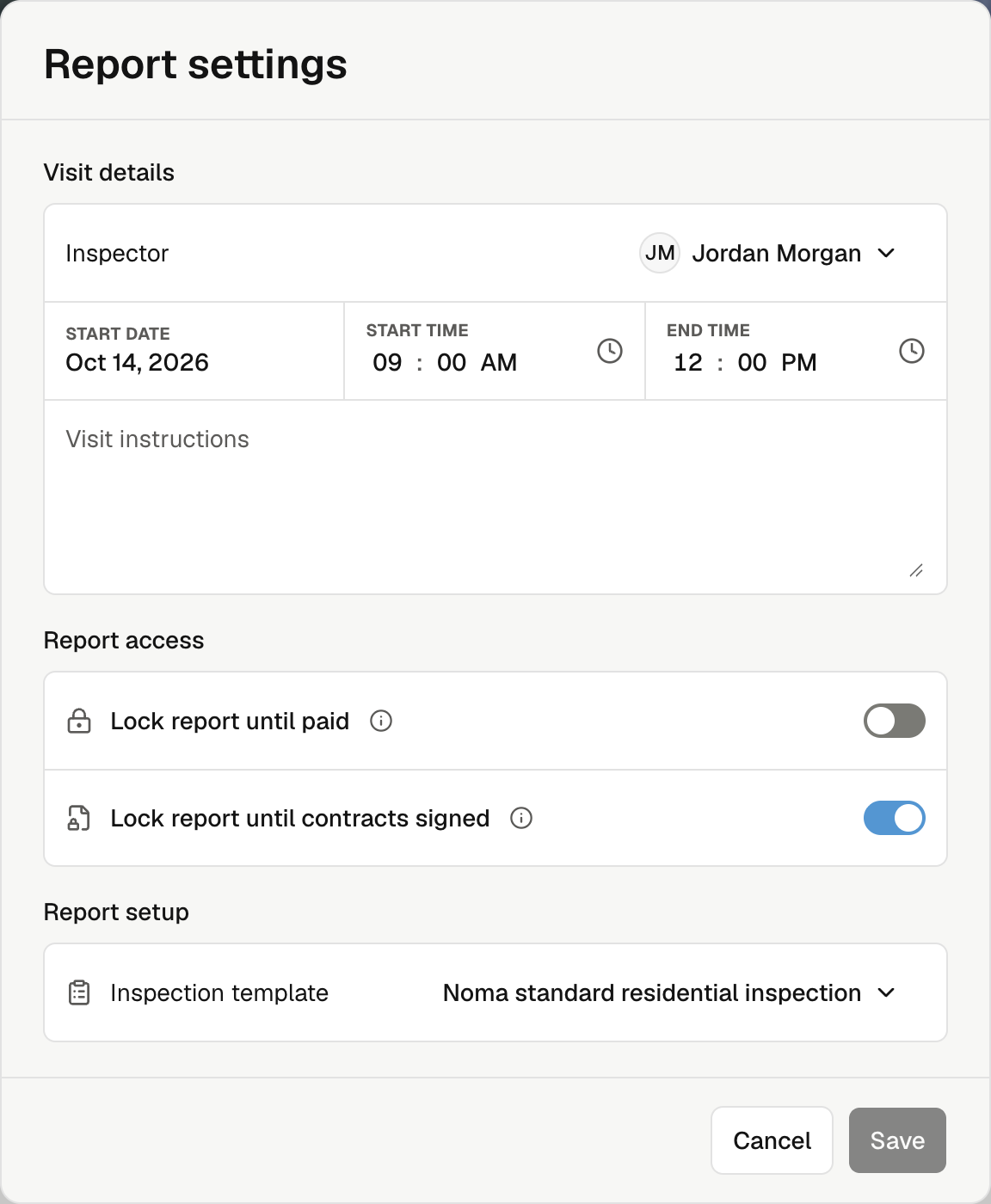 Report settings with Lock report until contracts signed on and Save available.