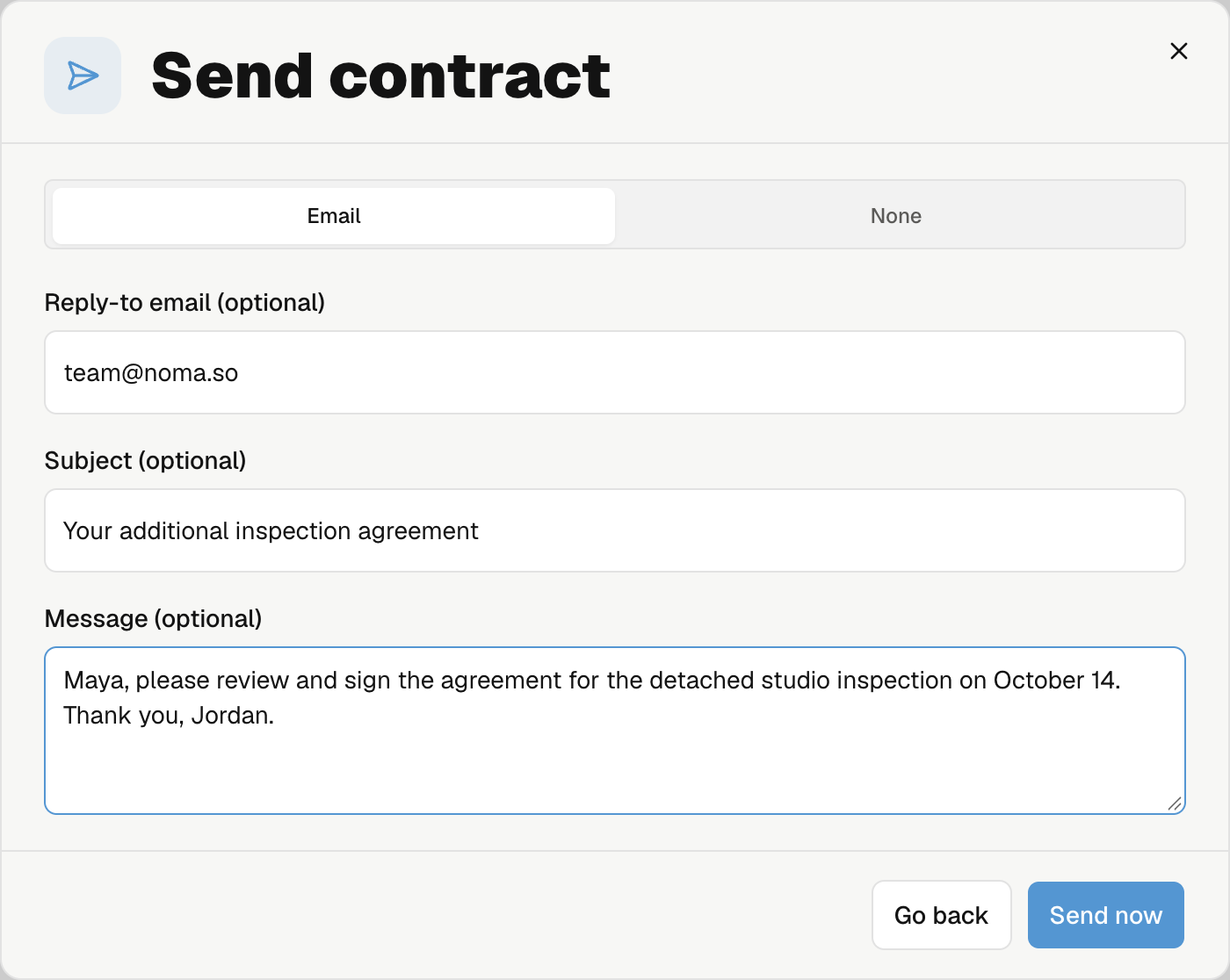 Email delivery with reply-to, subject, and message.