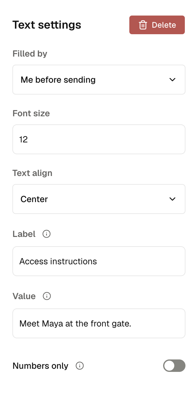 Text settings with Me before sending, font size, alignment, label, value, and Numbers only.