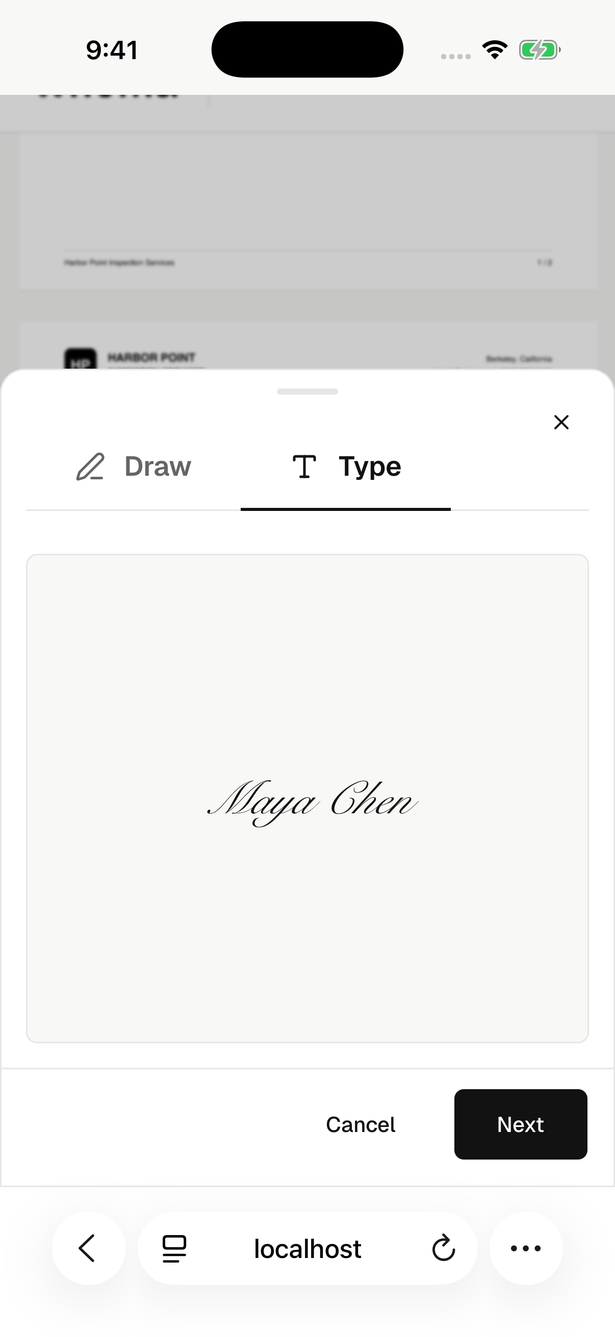 Maya Chen types a signature in Safari on iPhone.