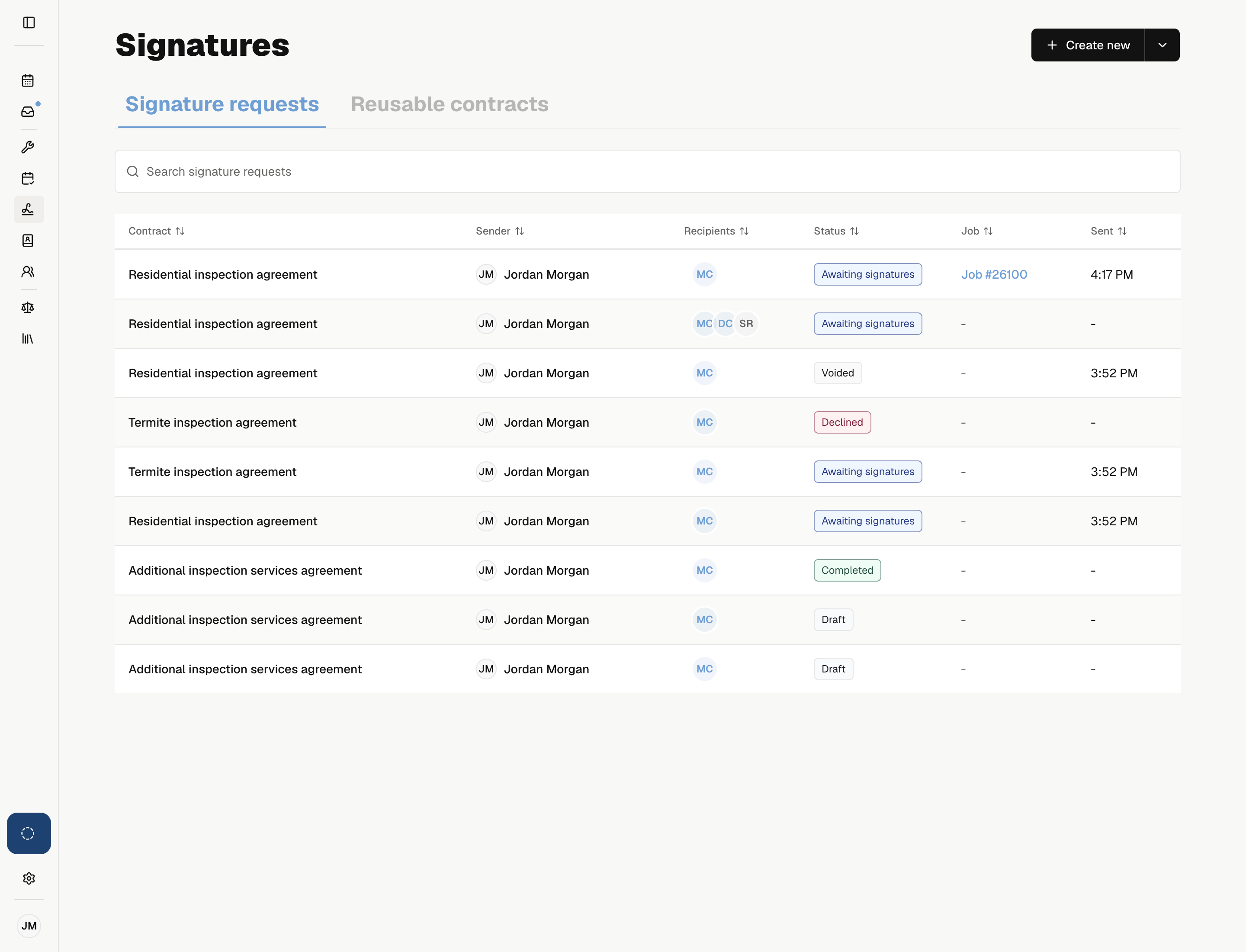 Signature requests with draft, awaiting signatures, completed, declined, and voided states.