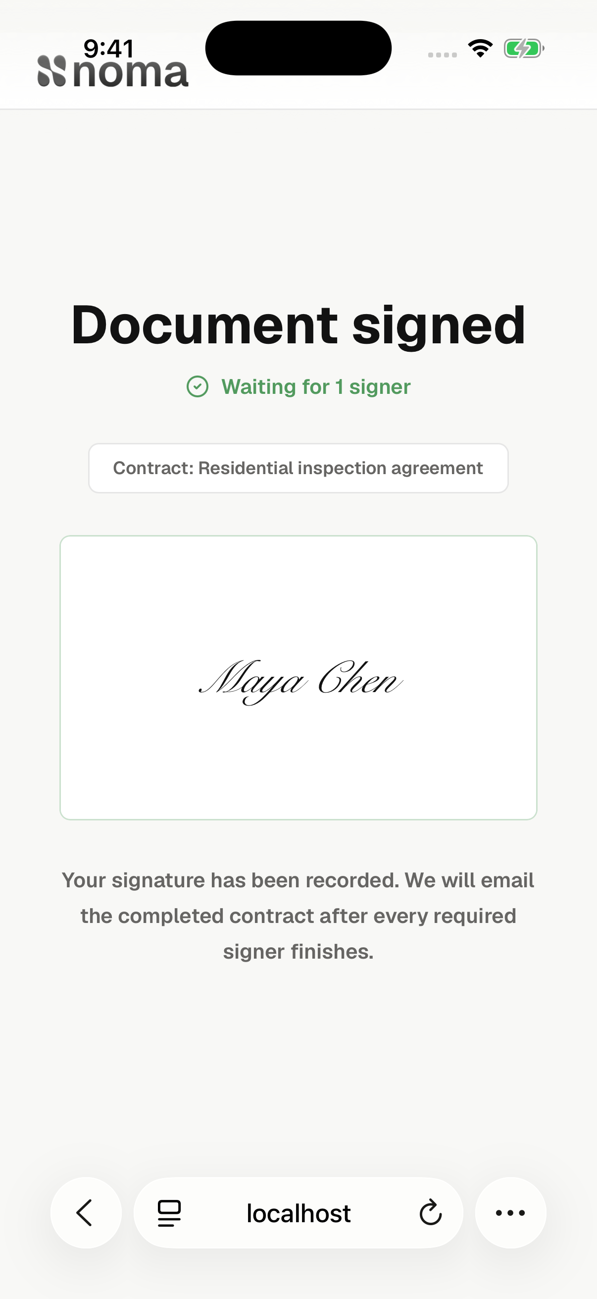 Maya has signed and the agreement is waiting for one more signer.