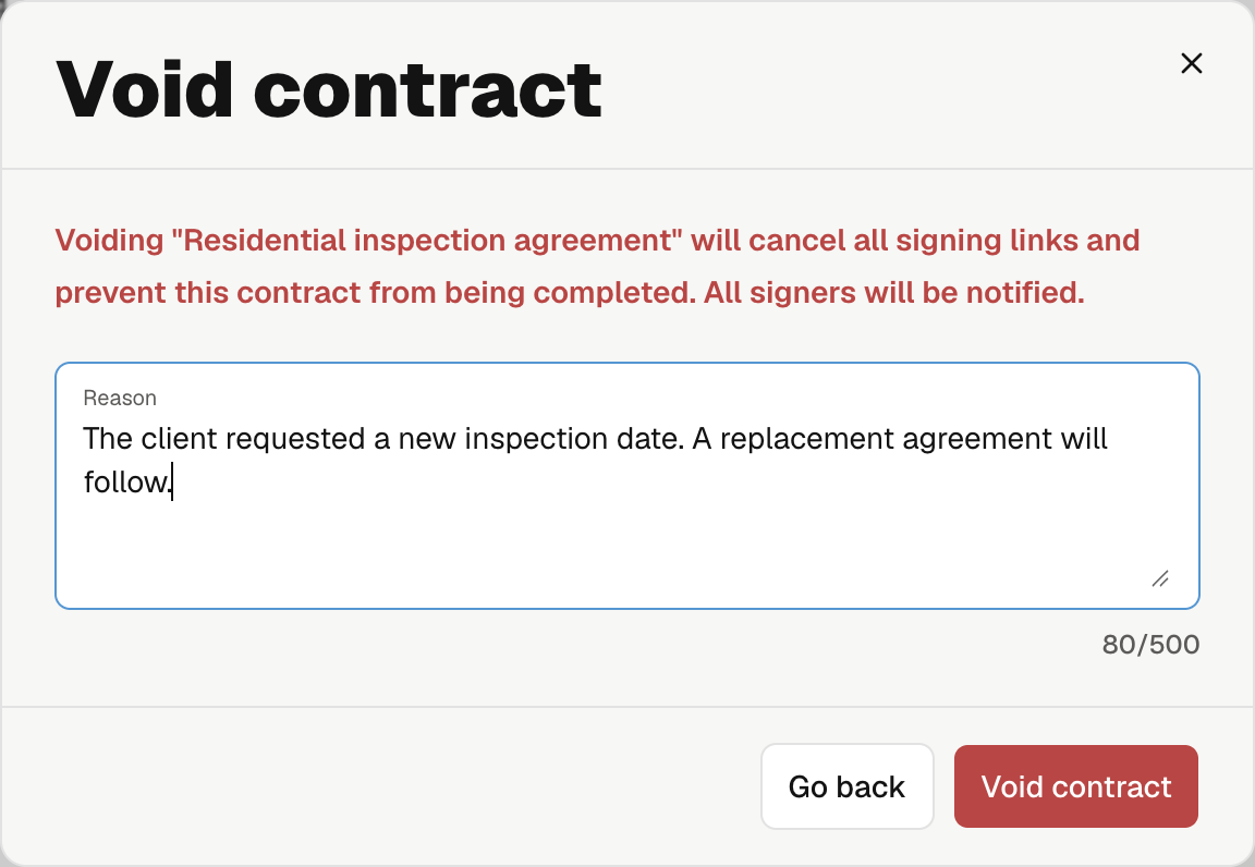 Void contract dialog with the reason and final confirmation.
